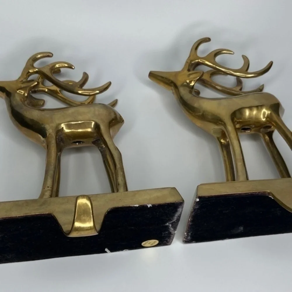Pair of Brass Mantel‎ Holder Hangers Reindeer Christmas Holiday Stocking
